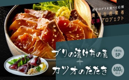 CF-R4tka 海鮮「ブリの漬け丼の素」1食80g×5P+「訳ありカツオのたたき」600g以上《迷子のブリを食べて応援 養殖生産業者応援プロジェクト》/「ブリの漬け丼の素」と人気「訳ありカツオのたたき」緊急支援 惣菜 そうざい〈高知市共通返礼品〉