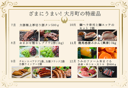 【定期便 12回】ざまにうまい！大月町 特産品セット まぐろ カツオ たたき 果物 豚肉 鶏肉