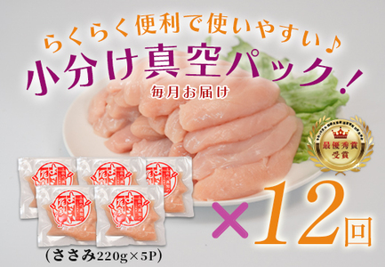 【定期便 12回】よさこい尾鶏 ささみ 1.1kg(220g×5パック)