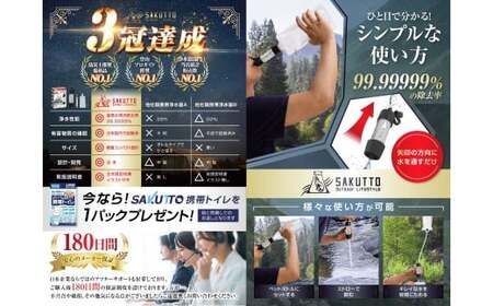 SAKUTTO 携帯浄水器 （アウトドア向けデザイン） 1個セット 日本正規品 登山用品 登山 浄水器 アウトドア キャンプ用品 サバイバル 防災グッズ 防災 災害対策 福岡県 北九州市