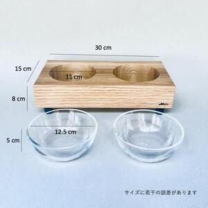 ペットフードテーブル　hole S 2連（福岡市内製造）（ガラスボウル付き）