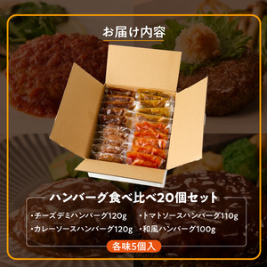 ハンバーグ食べ比べ20個セット_4種 20個 チーズデミ 和風 トマトソース カレーソース ハンバーグ 各5個 冷凍 温めるだけ 湯煎 レンジ 電子レンジ バラエティ 個包装 小分け 食べ比べ お弁当 簡単調理 お取り寄せ お取り寄せグルメ 福岡県 久留米市 送料無料_Ax405_RCF0600