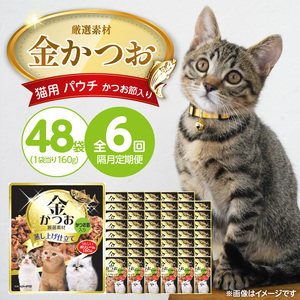 【隔月6回 定期便】金かつお 猫用パウチ（かつお節入り）160g×48袋 _ 定期便 隔月 全6回 金かつお 猫用 パウチ 160g × 48袋 × 6回 かつお節入り 全年齢 対応 やさしい ゼリータイプ 水分補給 まぐろ かつお 健康維持 ウェットフード おやつ キャットフード 福岡県 久留米市  〔Tk094-04〕