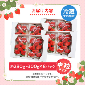 福岡県産あまおういちご　280g～300g×8パック（中粒）【3月～4月発送】 _ いちご あまおう 中粒 8パック 宇佐川農園 果物 フルーツ みずみずしい ジューシー 甘味 酸味 濃厚 ストロベリー パフェ ショートケーキ パンケーキ スムージー サンドイッチ ジャム 福岡県産 久留米市 お取り寄せ 送料無料  〔Fi077-04〕