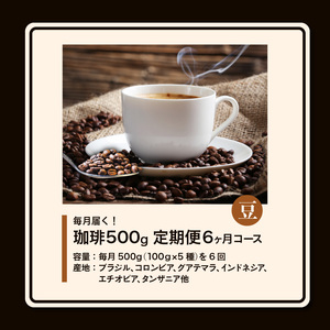 毎月届く！コーヒー500g 豆コース！定期便６ヶ月コース（１００グラム×５）
