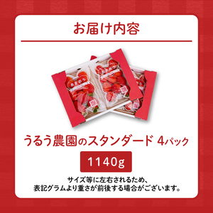 うるう農園のあまおうスタンダード 4パック（1140g）_いちご あまおう 4パック 1140g DX等級 スタンダード 減農薬 有機質肥料 特別栽培 認定農家 安心 安全 うるう農園 採れたて 農家直送 フルーツ 果物 冷蔵 スイーツ スムージー いちごジャム お取り寄せ お取り寄せグルメ 福岡県 久留米市 送料無料_Fi008-V2