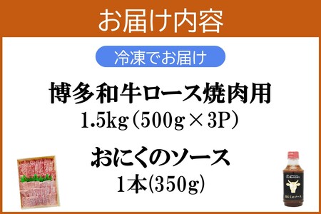 プロトン冷凍 博多和牛ロース焼肉1.5kg【特製オリジナルお肉のソース付き】 和牛 牛 牛肉 ロース やきにく 肉 プロトン凍結 プロトン 焼肉のタレ たれ 肉のなかむら 飯塚【J-066】