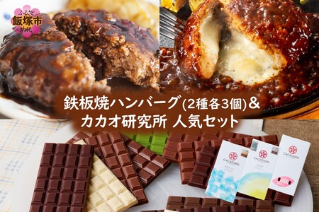 鉄板焼ハンバーグ(2種各3個)＆カカオ研究所 人気セット(チョコレート チョコ カカオ研究所 カカオ 鉄板焼 ハンバーグ デミグラスソース)【B-203】