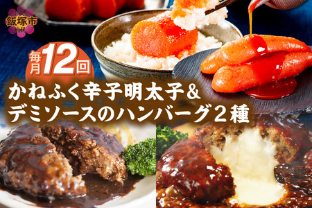 かねふく辛子明太子&デミソースのハンバーグ2種セット【毎月定期便(計12回発送)】明太 明太子 辛子明太子 めんたい めんたいこ かねふく 老舗 ハンバーグ チーズハンバーグ チーズインハンバーグ 2種 2種類 セット 詰め合わせ 人気 個包装 湯煎 簡単 時短 定期便 12回 飯塚 飯塚市【K03-001】