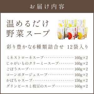 温めるだけ 野菜スープ 彩り豊かな6種類詰合せ12袋入り【A5-327】スープ 野菜スープ レトルト レトルト 野菜 スープ セット 詰め合わせ 簡単 時短 おいしい 温めるだけ コーンポタージュ ミネストローネ 常温保管 保存食