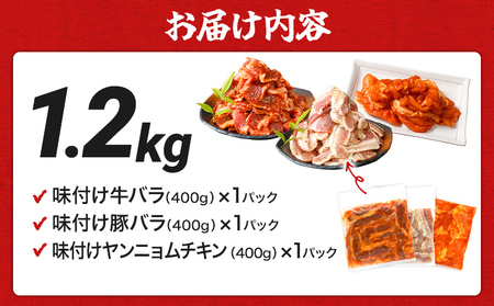 牛肉 豚肉 鶏肉 味付け肉 牛豚鶏 味付け 焼肉 セット 1.2kg 牛バラ 豚バラ ヤンニョムチキン モモ 味付き 小分け 保存 簡単調理 醤油 にんにく タレ 生姜 香味野菜 ネギ塩 キャンプ バーベキュー