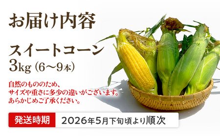 とうもろこし スイートコーン 3kg(6~9本)野菜 コーン スーパースイートコーン 採れたて 糖度20度 【2026年5月下旬頃より順次発送予定】