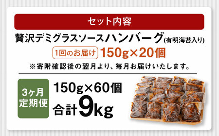 【3ヶ月定期便】 贅沢 デミグラスソース （有明海苔入り） ジューシー ハンバーグ 150g×20個 合計9kg 肉 湯せん 簡単調理 小分け 洋食 惣菜 レトルト 冷凍