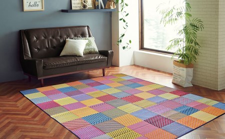 福岡 花ござ DXカラフルブロック 191×191cm(ブルー/グレイ/グリーン) カーペット ラグ