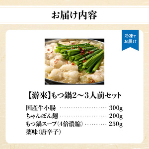 【游來】もつ鍋2~3人前セット モツ もつ ホルモン 鍋 新感覚 スープ 〆付き 麺 ちゃんぽん麺 セット 冷凍配送 簡単 調理 福岡県 八女市 072-293