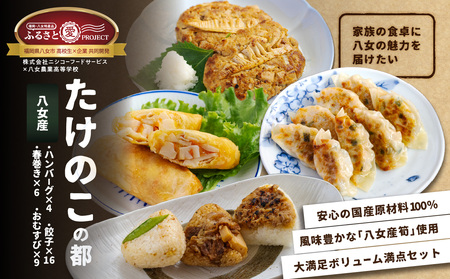 たけのこの都(みやこ)【ふるさと愛プロジェクト】 簡単調理 焼くだけ 揚げるだけ レンチン おかず おにぎり たけのこ 筍 ハンバーグ 餃子 春巻き セット 冷凍 個包装 ギフト プレゼント 福岡県 八女市 113-FP