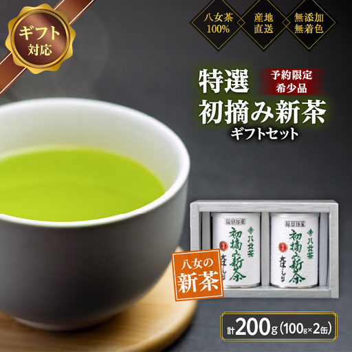 【予約限定茶】希少品「2026年産 特選初摘み新茶」100g缶詰 2缶化粧箱入 ギフト対応＜岩崎園製茶＞｜2026年5月初旬頃発送 075-050