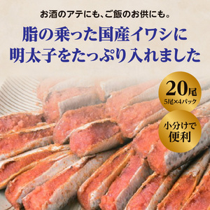 【博多漁師の里】福岡名物！いわし明太子２０尾（５尾×４パック）化粧箱入り 国産真いわし使用 化粧箱入り　国産真いわし使用 鰯 イワシ 旬 魚 めんたいこ ご飯のお供 おつまみ おかず 冷凍 真空パック 便利 簡単調理 美味しい 072-133