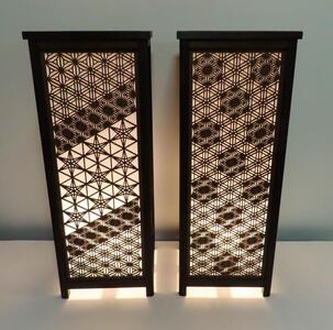 レーザー行灯「趣」Lサイズ 八重麻の葉 胡麻幹 組子デザイン 和紙貼り 高さ65cm LED電球付