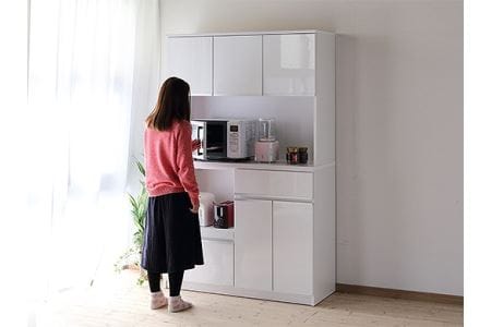 【開梱設置】食器棚 レンジ台 幅116.3cm ナポリ　鏡面ホワイト キッチンボード 幅120 家具