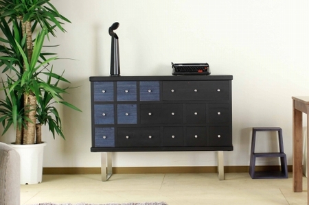 【MODERNA 115チェスト（L-2）】★職人の手で一つずつ微調整しながら組み上げたチェスト。ブラック染色の本体に、日本古来の伝統色をアクセントカラーとして変化をつけた和モダンインテリア