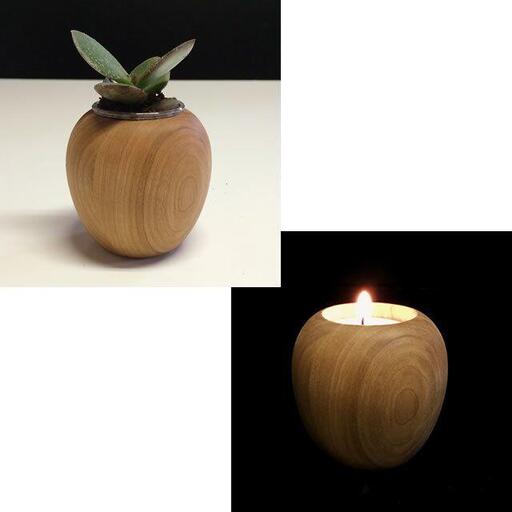 【木製ポット「りんご」ブラックチェリー材】かわいい木製ポット・キャンドル・植物どちらでも使えます＜ブラックチェリー材　オイルフィニッシュ＞木製 小物 置物 キャンドルベース キャンドルスタンド 植物 多肉植物 サボテン  MUKU屋 MUFactory