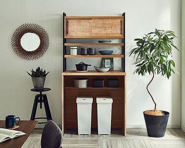 【開梱設置】食器棚 レンジ台 アイン 上台引き戸タイプ 幅89.7cm レディオーク キッチンボード ゴミ箱収納 ダスト収納 キッチン収納 おしゃれ 大川家具 幅90cm 収納家具 アイアンフレーム