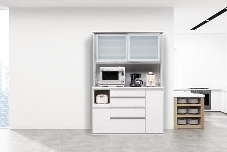 （ホワイト柾目）【開梱設置／受注製作】 ネオ キッチンボード 幅140cm 耐震 引き戸 食器棚 オープンボード 完成品 カップボード ダイニングボード 140幅 大川家具