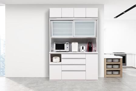 （ホワイト柾目）【開梱設置／受注製作】 ネオ キッチンボード 幅160cm 上置き付き 耐震 引き戸 食器棚 オープンボード 完成品 カップボード ダイニングボード 160幅 大川家具