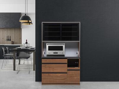 （ウォールナット柄）【開梱設置】 クロノス キッチンボード 幅120cm キッチンボード 引き戸 食器棚 オープンボード 完成品 カップボード ダイニングボード 120幅 大川家具