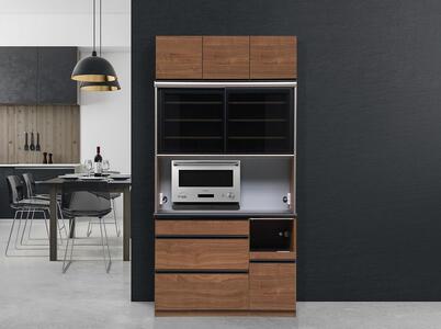 (ウォールナット柄)【開梱設置】 クロノス キッチンボード 上置き付 幅120cm キッチンボード 引き戸 食器棚 オープンボード 完成品 カップボード ダイニングボード 120幅 大川家具