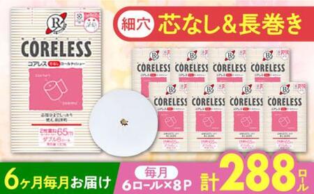 【全6回定期便】【細穴タイプ】トイレットペーパー ダブル 長巻き 65m 6ロール×8パック エコ  コアレス 《豊前市》【大分製紙】 [VAA044]