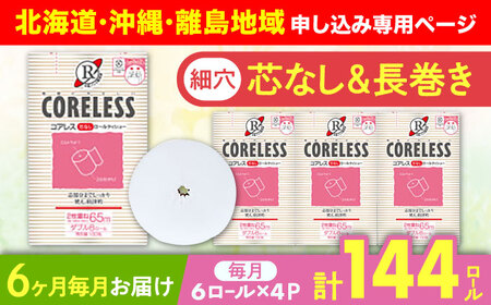 【北海道・沖縄・離島用】【全6回定期便】【細穴タイプ】　トイレットペーパー ダブル 24ロール 長巻き 65m (6ロール×4パック) 宅配 コアレス 《豊前市》【大分製紙】 [VAA141]