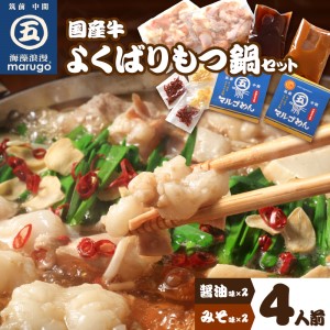 国産牛よくばりもつ鍋セット 醤油味2人前&みそ味2人前(計4人前)〆はマルゴめん 中間新名物の米粉麺【001-0043】