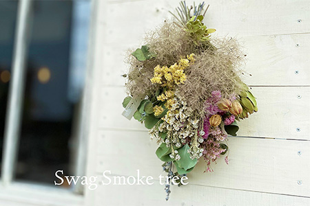 スモークツリーを柏葉紫陽花やシンカルファと束ねた2束　スワッグ  ドライフラワー