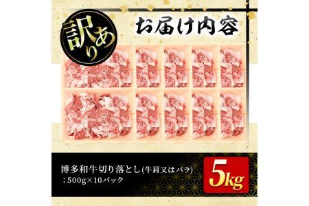 <訳あり>博多和牛切り落とし(500g×10P・計5kg)牛肉 黒毛和牛 国産 すき焼き しゃぶしゃぶ 焼き肉 カレー<離島配送不可>【ksg0520】【MEATPLUS】