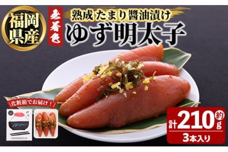プチプチ粒感!熟成 たまり醤油漬け 無着色 ゆず明太子3本入り(計約210g)明太子 魚介 海鮮 魚卵 柚子 ゆず 醤油 醤油漬け<離島配送不可>【ksg1242】【フィッシャーマンズクラブ】