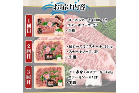 【ksg1360】＜定期便・全3回(連続)＞博多和牛A5～A4 ステーキ食べ比べセット ロース・肩ロース・モモ赤身(総量1.15kg) 牛肉 黒毛和牛 国産 霜降り 1キロ 1kg 化粧箱 贈答 ギフト プレゼント ＜離島配送不可＞【マル五】
