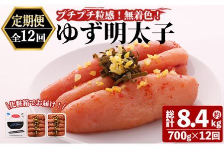＜定期便・全12回(連続)＞プチプチ粒感！無着色 ゆず明太子10本入り (総量8.4kg・700g×12回)国産 福岡県産 明太子 魚介 海鮮 魚卵 柚子 ゆず＜離島配送不可＞【ksg1413】【フィッシャーマンズクラブ】