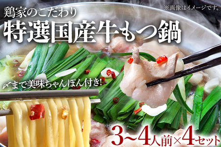 特選「鶏家」のもつ鍋セット 【3～4人前×4セット】 合計12～16人前 モツ鍋 牛ホルモン もつなべ ホルモン鍋 牛モツ モツ もつ鍋 博多もつ鍋 牛もつ鍋 鍋セット ギフト 贈り物 冷凍 送料無料