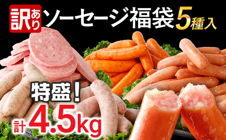 訳あり ソーセージ福袋 おかず 惣菜 ウインナー ソーセージ 5種セット 合計4.5kg 大容量 特盛 粗挽き 食べ比べ 冷凍 ストック おつまみ 博多の薫り やみつきJUMBO あらびき大将 バジル＆パセリポークウインナー ボロニア