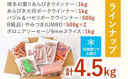 訳あり ソーセージ福袋 おかず 惣菜 ウインナー ソーセージ 5種セット 合計4.5kg 大容量 特盛 粗挽き 食べ比べ 冷凍 ストック おつまみ 博多の薫り やみつきJUMBO あらびき大将 バジル＆パセリポークウインナー ボロニア
