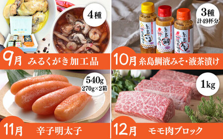 【全12回定期便】糸島ガッツリお楽しみ定期便（水炊き / しゃぶしゃぶ / チーズ / 卵 / ヨーグルト / ウインナー / 野菜 / お茶漬け / 明太子 / スイーツ / 牛肉 / 豚肉 ） 《糸島》 [AAH002] ランキング 上位 人気 おすすめ 定期便 毎月 お楽しみ