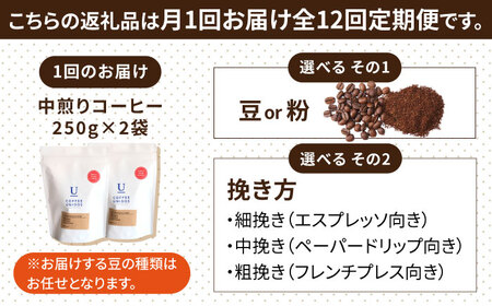 【全12回定期便】種類 おまかせ 中煎り コーヒー 定期便 【選べる豆or粉】 糸島市 / COFFEE UNIDOS  珈琲 [AQF017]