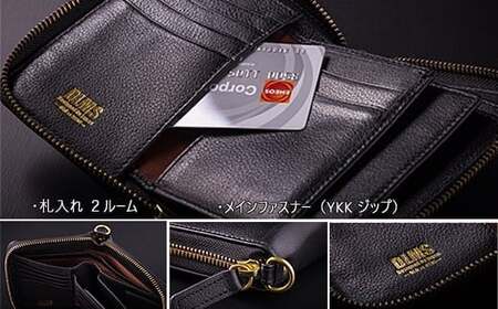 二つ折り財布 牛革 ミドルサイズ ラウンドジップ Dカン付 レザーウォレット  WZ011