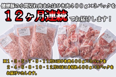 ＜定期便12回＞ 北海道産 健酵豚 小間切れ ＆ ひき肉 計 1.2kg (全14.4kg)