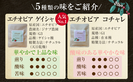 数量限定 コーヒー ドリップバッグ 5種類 無糖 送料無料 グァテマラ ブラジル インドネシア エチオピア コチャレ ゲイシャ 全種セット