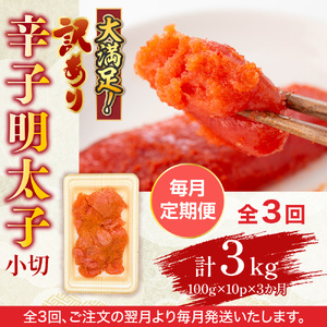 【毎月定期便】大満足!訳あり辛子明太子　小切1kg(100g×10p)全3回　AO055
