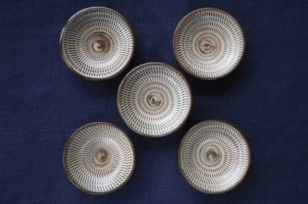 小石原焼飛鉋三寸深皿5枚セット(金丸窯)直径約9cm H25