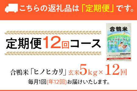 令和7年産 予約 合鴨米「ヒノヒカリ」（玄米・5ｋｇ）定期便12回コース※2025年10月中旬より順次出荷予定　BI06　